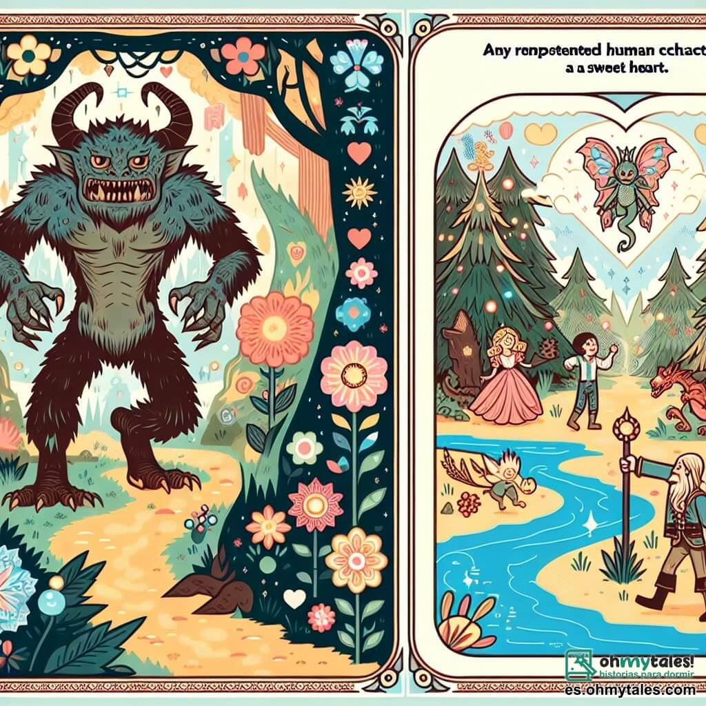 Une illustration destinée aux enfants représentant une créature fantastique, à l'apparence terrifiante mais au cœur doux, se lançant courageusement dans une quête à travers un bois enchanté rempli de fleurs géantes, d'arbres dansants et d'un ruisseau étincelant, avec l'aide d'un dragon majestueux.