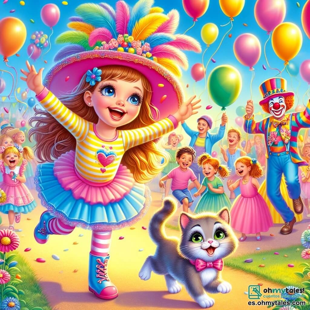 Ilustración que representa un parque colorido y festivo, lleno de globos de todos los colores flotando en el cielo azul. En el centro, una niña de 9 años, con largos cabellos castaños y ojos brillantes, lleva un tutú rosa, una camiseta a rayas amarillas y un gran sombrero adornado con plumas multicolores. Corre alegremente detrás de su gato, un pequeño felino de pelaje gris y ojos verdes, que se divierte zigzagueando entre la gente. Al fondo, varios niños, de 6 a 10 años, ríen y aplauden, algunos vestidos de payasos, mientras un gran payaso con una nariz roja y una sonrisa brillante hace malabares con globos. La escena irradia una atmósfera de alegría y risas, con destellos de luz y sonrisas radiantes, capturando el espíritu de un día lleno de aventuras y sorpresas.