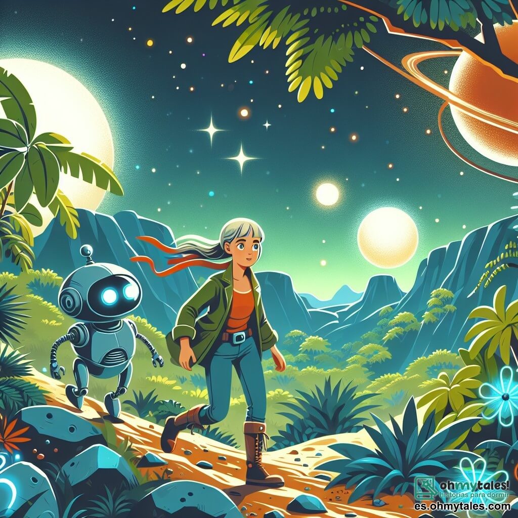 Une illustration destinée aux enfants représentant une jeune femme courageuse explorant une jungle extraterrestre luxuriante, accompagnée de son fidèle robot assistant, sur une planète lointaine parsemée de mystérieuses sphères d'énergie brillantes.