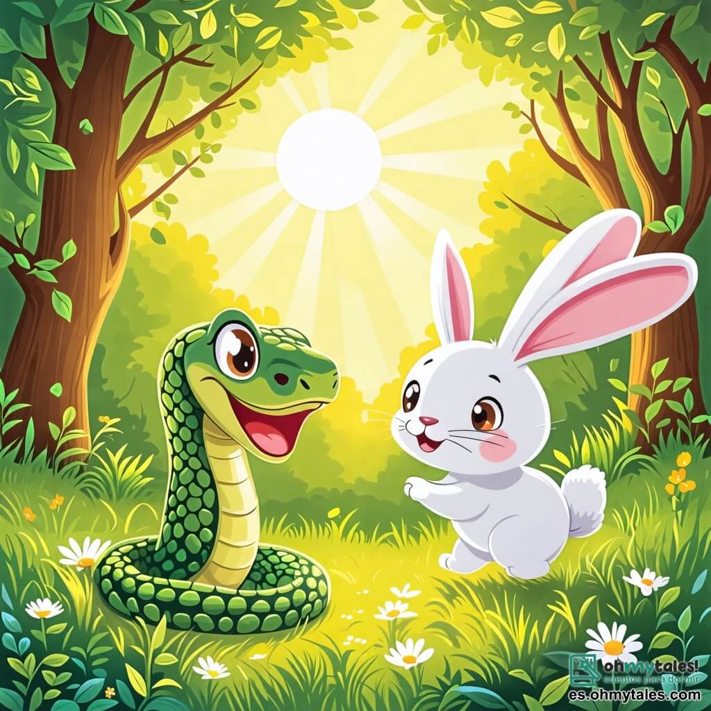 Une illustration sous forme de dessin destinée aux enfants représentant un paisible bois ensoleillé, avec une petite serpent aux écailles vertes et brillantes, se glissant joyeusement à travers l'herbe, tandis qu'un adorable lapin blanc aux grandes oreilles et aux yeux pétillants saute autour de lui, tous deux riant et jouant ensemble, symbolisant l'amitié inattendue entre deux animaux très différents.