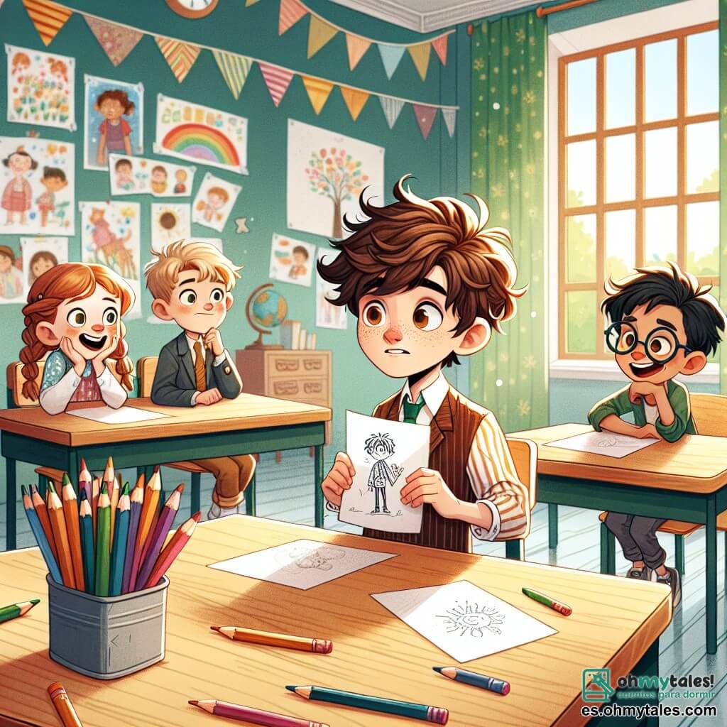Ilustración que representa un aula luminosa, con grandes ventanas que dejan entrar la luz del sol, paredes decoradas con dibujos de niños y mesas de madera dispuestas en círculo. En el centro, un niño de 11 años, con cabello castaño desordenado y ojos curiosos, sostiene un simple dibujo en sus manos, con aire nervioso pero decidido. A su lado, dos amigos: una niña de 10 años con trenzas rubias y una sonrisa alentadora, y un niño de 11 años con gafas y cabello castaño, que mira el dibujo con admiración. La escena captura el momento en que el niño confiesa que ha mentido sobre sus lápices de colores, rodeado de un ambiente de tensión y expectativa, mientras sus amigos lo escuchan atentamente, listos para apoyarlo. Lápices de colores esparcidos sobre las mesas y hojas de papel ilustran la atmósfera artística de la competencia.
