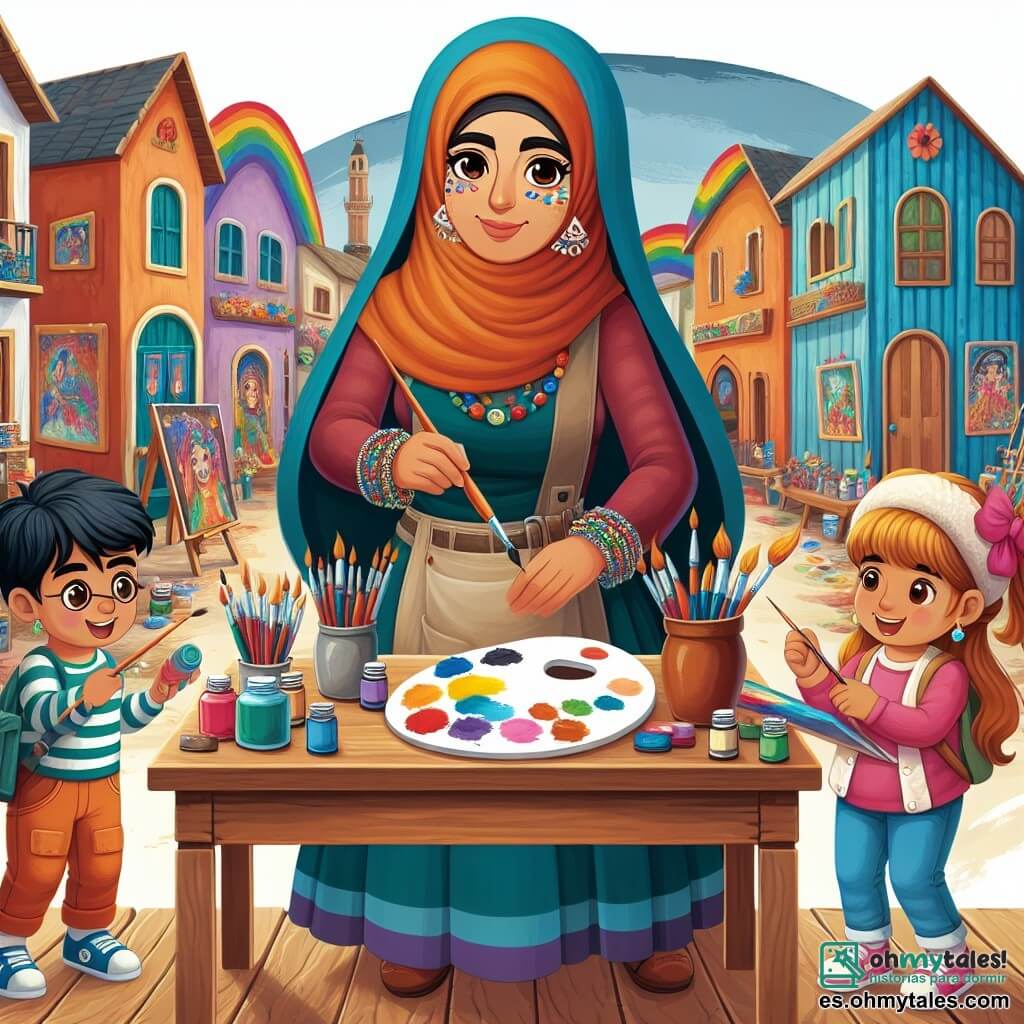 Une illustration destinée aux enfants représentant une artiste talentueuse vivant dans un petit village coloré, accompagnée de deux enfants curieux, peignant des œuvres vibrantes dans son studio décoré de pinceaux et palettes aux couleurs éclatantes, situé au cœur du village d'Arcoíris.