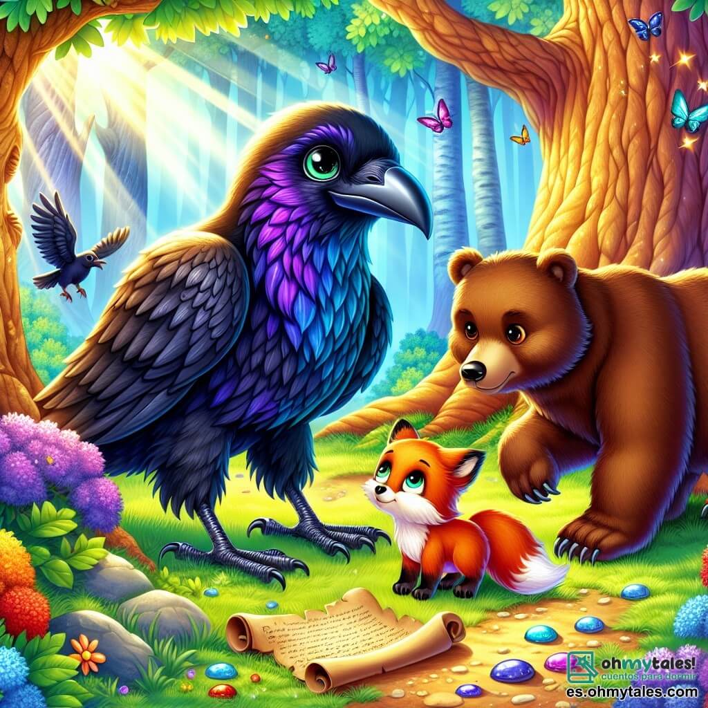 Ilustración que representa una escena mágica en un bosque colorido, donde grandes árboles de troncos gruesos se alzan, sus hojas de un verde brillante bailan al viento. En el centro, un cuervo de plumaje negro brillante, salpicado de reflejos violetas y azules, picotea el suelo con curiosidad, sus ojos chispeantes de emoción. A su lado, una pequeña zorra de pelaje rojizo, con una cola esponjosa, observa con una sonrisa traviesa, mientras que un oso robusto, de pelaje marrón y patas musculosas, excava el suelo con determinación. La escena captura el momento en que los tres amigos buscan un tesoro escondido bajo la sombra de un gran roble, rodeados de flores coloridas y rayos de sol filtrándose a través de las hojas. Elementos como un viejo pergamino esparcido por el suelo y piedras brillantes añaden un toque de aventura a esta ilustración alegre y dinámica.