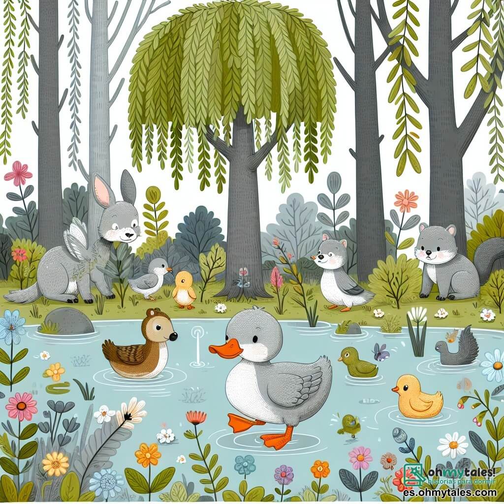 Une illustration destinée aux enfants représentant un petit canard grisâtre, un peu différent des autres, faisant un voyage à travers un estanque entouré de hauts saules et de fleurs colorées, accompagné de divers animaux du bosque, dont une gentille ardilla femelle.