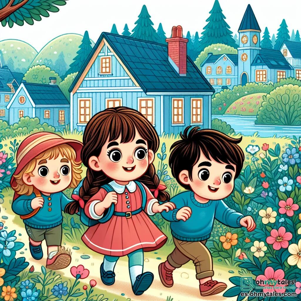 Une illustration destinée aux enfants représentant une fillette curieuse et courageuse explorant une mystérieuse maison abandonnée avec ses amis, un garçon et une fille, dans le pittoresque village de Villa Azul, entouré de verdoyants bosquets et de fleurs colorées.