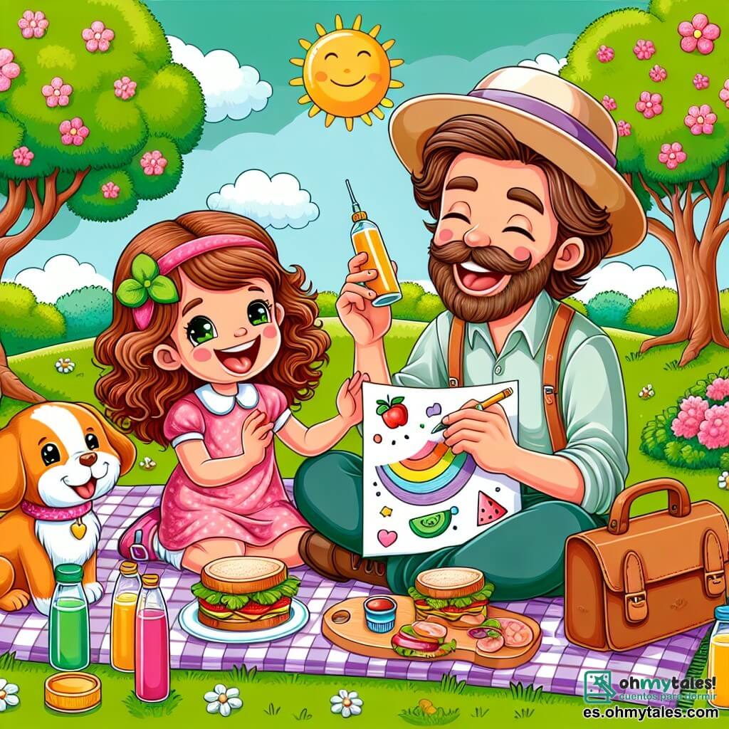 Une illustration sous forme de dessin destinée aux enfants représentant un parc ensoleillé avec des arbres fleuris et une pelouse verdoyante, où une petite fille de 3 ans aux cheveux bouclés et au sourire éclatant est assise sur une couverture de pique-nique, entourée de délicieux sándwiches et de bouteilles de jus de fruits, tandis qu'un papa joyeux, avec un grand chapeau et une barbe douce, rit en tenant un dessin coloré fait par sa fille, et un petit chien marron aux yeux pétillants joue autour d'eux, apportant une touche de gaieté à cette scène de fête des pères.