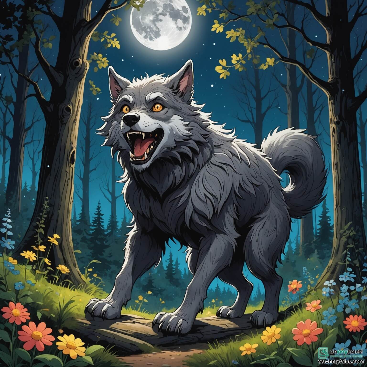 Une illustration destinée aux enfants représentant un loup-garou espiègle et curieux, avec un pelage doux et gris scintillant sous la lumière de la lune, qui, dans le cadre enchanteur d'un forêt magique où les arbres géants aux troncs noueux s'élèvent vers un ciel étoilé, où des fleurs multicolores dansent au rythme d'une douce brise, se lance dans une quête hilarante pour trouver un objet magique capable de faire rire tous ses amis, accompagné de sa fidèle amie, une petite souris malicieuse au pelage doré et aux yeux pétillants de malice, ainsi que d'une tortue sage et lente, dont la carapace est ornée de motifs colorés, tous réunis dans ce lieu féerique où chaque coin semble receler des secrets et des éclats de rire.