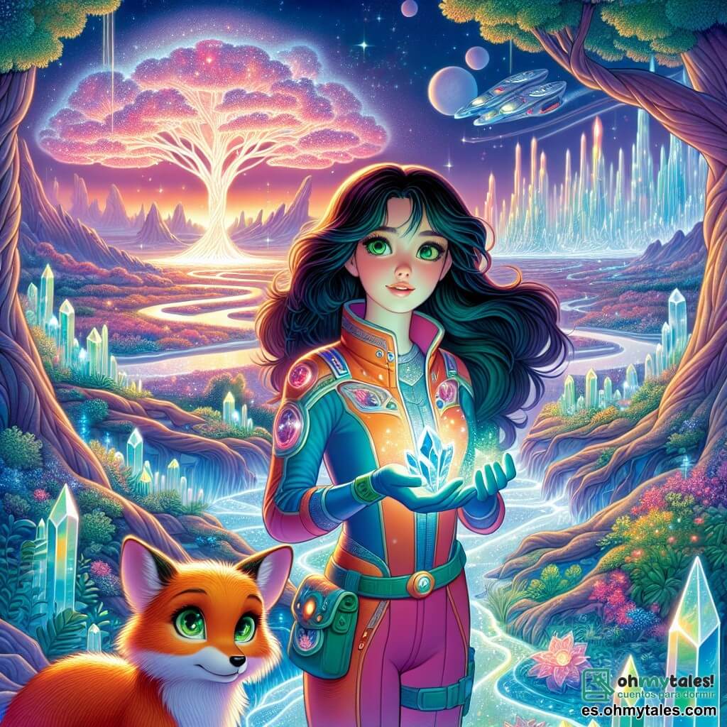 Une illustration sous forme de dessin destinée aux enfants représentant un paysage féerique d'un planète magique avec des arbres de cristal scintillants et des rivières de lumière liquide, où une jeune femme aux yeux verts éclatants et aux cheveux sombres, vêtue d'une combinaison spatiale colorée, se tient courageusement devant un majestueux arbre de cristal, tenant trois gemmes lumineuses dans ses mains, tandis qu'un petit zorro aux couleurs vives, avec des yeux brillants, l'observe avec admiration, alors qu'ils se préparent à affronter l'ombre menaçante d'un empire technologique qui cherche à s'emparer de la magie de leur monde.