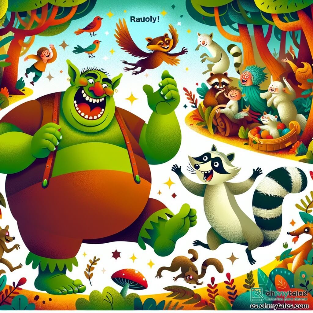 Une illustration destinée aux enfants représentant un ogre joyeux et gourmand, vivant une aventure hilarante avec un raton farceur, dans un monde magique rempli de couleurs vives et peuplé de créatures fantastiques.