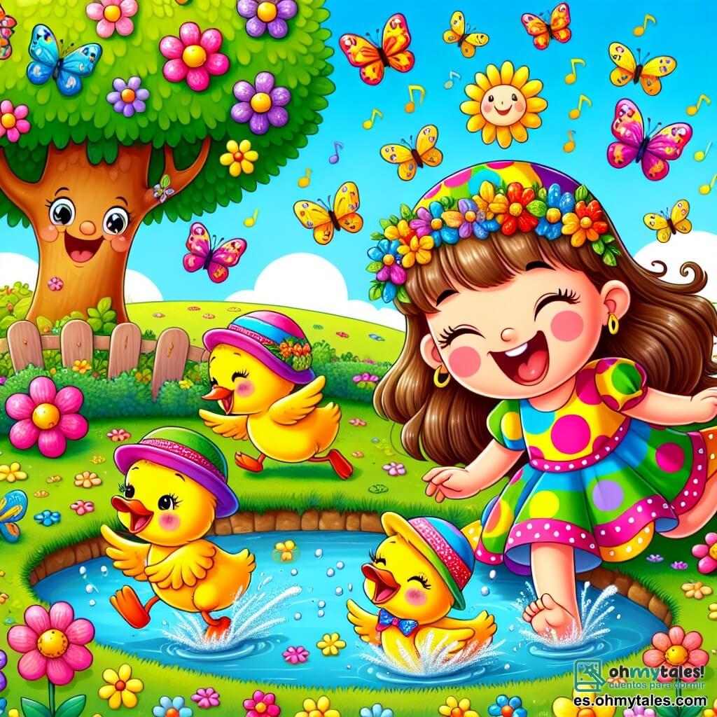 Ilustración que representa una escena alegre en un jardín mágico, lleno de flores coloridas que cantan y mariposas danzantes. En el centro, una niña de 7 años con largos cabellos castaños y ojos brillantes, vestida con un vestido de lunares multicolores, ríe a carcajadas mientras juega con patitos con sombreros coloridos que se divierten alrededor de un pequeño lago. Los patitos, con sus plumas amarillas y sonrisas traviesas, se preparan para una carrera hilarante, deslizándose y cayendo al agua, provocando salpicaduras alegres. Al fondo, un árbol sonriente con ramas en forma de brazos parece aplaudir la escena, mientras que un cielo azul brillante y soleado añade un toque de magia a esta aventura llena de risas.