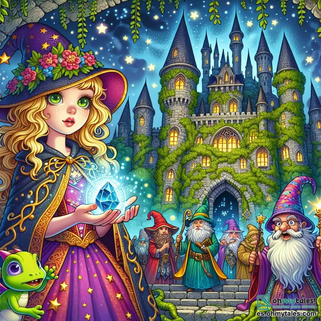 Une illustration sous forme de dessin destinée aux enfants représentant un ancien château mystérieux recouvert de lianes et illuminé par des étoiles scintillantes, où une jeune sorcière aux cheveux dorés et aux yeux verts, vêtue d'une robe colorée, tient une pierre brillante dans ses mains, entourée d'un petit duende espiègle avec une gorra multicolore et un dragon miniature crachant des bulles, alors qu'ils se tiennent devant un groupe de magiciens et de créatures fantastiques, prêts à restaurer la paix entre les écoles de magie.