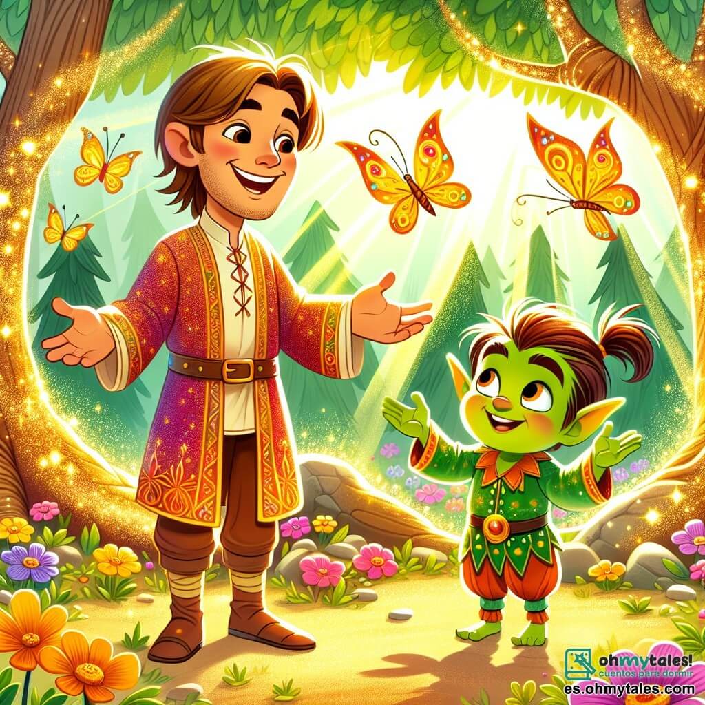 Une illustration sous forme de dessin destinée aux enfants représentant un magnifique clairière enchantée, baignée de lumière dorée, où un homme au sourire chaleureux, aux cheveux bruns et vêtue d'une tunique colorée, se tient joyeusement en train de converser avec une mariposa aux ailes brillantes, tandis qu'un petit duende espiègle aux yeux pétillants et à la peau verte observe avec curiosité, le tout entouré de fleurs éclatantes et d'arbres majestueux, illustrant le moment où le héros s'apprête à récupérer la gemme magique pour redonner vie et joie au forêt.