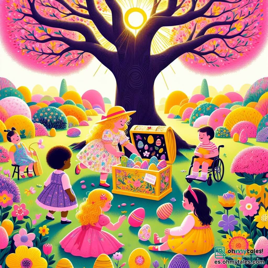 Ilustración que representa un jardín soleado y colorido, lleno de flores brillantes en tonos vivos de rosa, amarillo y violeta. En el centro, un gran árbol majestuoso con ramas extendidas, bajo el cual hay un pequeño cofre de madera abierto, revelando huevos de Pascua coloridos y notas misteriosas. Cuatro niños están presentes: una niña de cuatro años con cabello rizado y una sonrisa radiante, que lleva un vestido multicolor y se agacha cerca del cofre, con los ojos brillantes de emoción. A su lado, otra niña de cuatro años, con una pequeña silla de ruedas, que lleva una gorra amarilla y un vestido rosa, sonríe alegremente mientras sostiene un huevo de chocolate. Una tercera niña de cuatro años, con una diadema rosa y un pequeño bolso, observa con curiosidad, mientras que una cuarta niña, con una gorra amarilla, se inclina para examinar el cofre. La escena captura el momento en que los niños descubren el cofre lleno de huevos de Pascua, rodeados de flores y risas, creando una atmósfera mágica y alegre. Mariposas coloridas vuelan a su alrededor, añadiendo un toque de fantasía a esta búsqueda de huevos de Pascua.