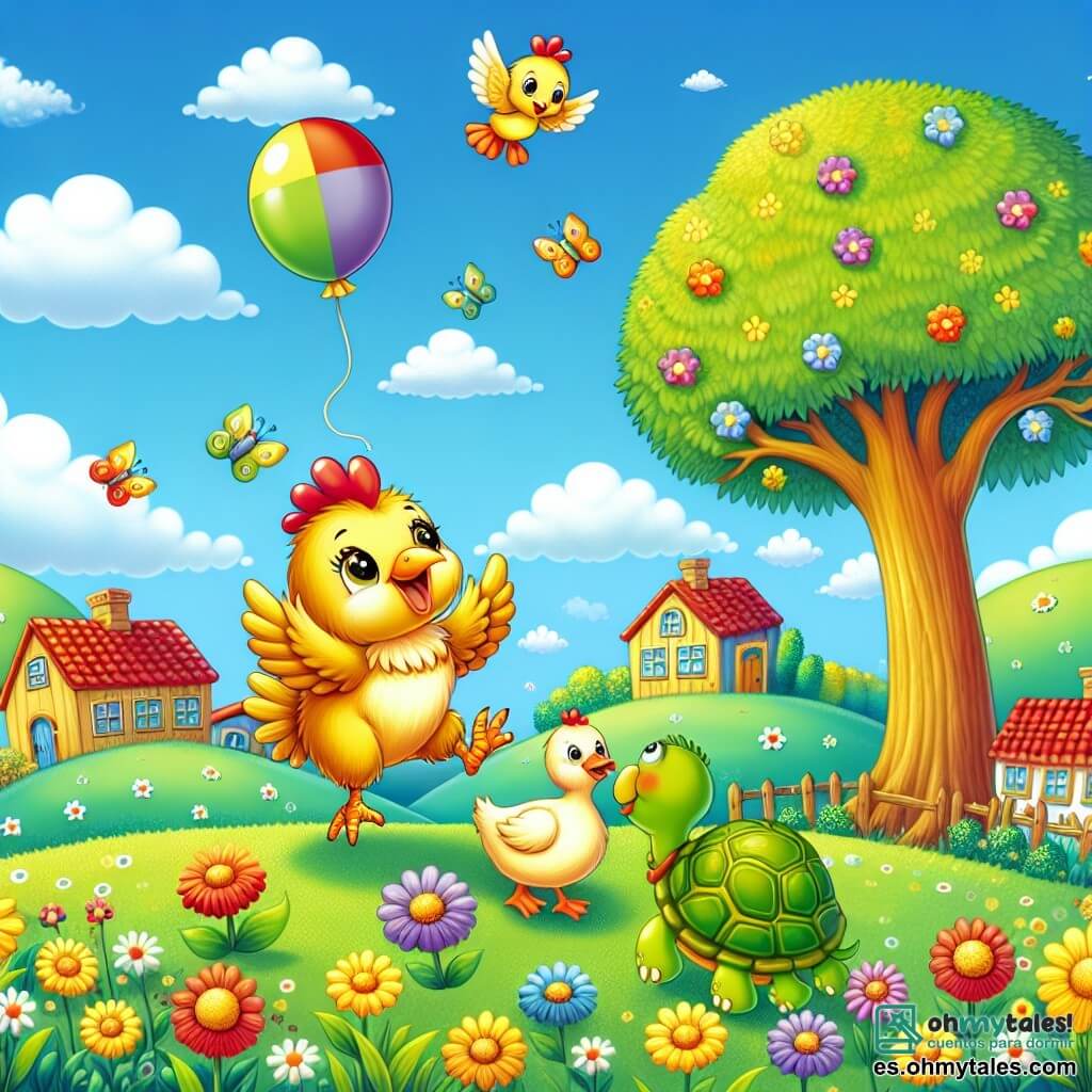 Ilustración que representa un encantador pueblito de campo, con casas coloridas y techos de tejas rojas, rodeadas de campos verdes y flores brillantes. En el centro, una gallina con plumas doradas y brillantes, un pequeño pico rosa y ojos chispeantes, salta alegremente hacia un majestuoso árbol, donde un globo colorido está atrapado en las ramas. A su lado, un pato con plumas blancas y amarillas, que lleva un pequeño sombrero de paja, observa con curiosidad, mientras una tortuga de caparazón verde y ojos traviesos sube lentamente por el tronco del árbol. La escena está llena de risas y emoción, con nubes esponjosas en el cielo azul y mariposas revoloteando alrededor.