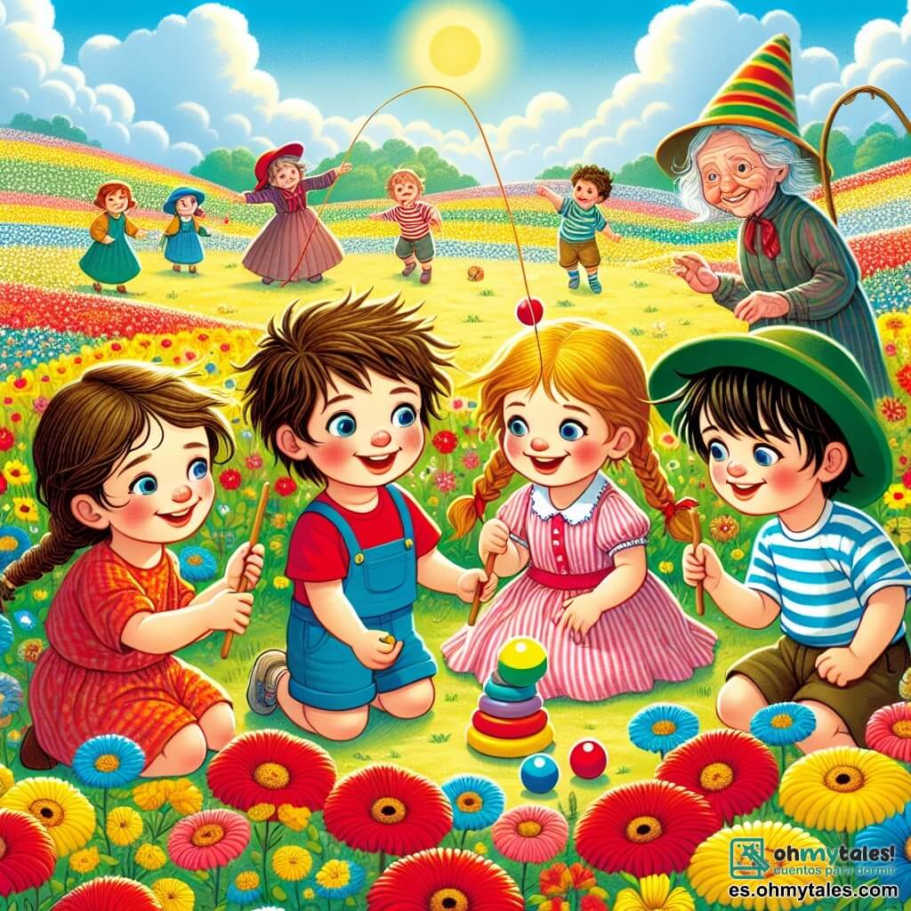 Ilustración que representa un campo colorido lleno de flores brillantes en tonos vivos de rojo, amarillo y azul, bajo un cielo soleado con algunas nubes blancas esponjosas. En el centro, cuatro niños están reunidos: un niño de cuatro años con cabello castaño desordenado, que lleva una camiseta roja y un pantalón corto azul, sonriendo con asombro. A su lado, una niña de cuatro años con largas trenzas rubias, vestida con un vestido rosa, riendo mientras juega con una pequeña bola de color. Otro niño, también de cuatro años, tiene cabello negro y lleva una gorra verde, lanzando una caña de pescar de madera. Finalmente, una niña de cuatro años con cabello castaño y gafas redondas, vestida con una camiseta a rayas, observa con curiosidad a un grupo de niños del pasado que juegan a saltar la cuerda. En el fondo, una anciana con un gran sombrero sonríe, añadiendo un toque de magia a la escena. Todo ello emana una atmósfera alegre y aventurera, simbolizando el viaje en el tiempo y la amistad.