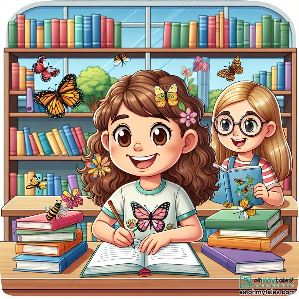 Une illustration sous forme de dessin destinée aux enfants représentant une bibliothèque scolaire colorée et accueillante, avec des étagères remplies de livres, au centre une fille de 9 ans aux cheveux bruns et bouclés, portant un t-shirt avec des motifs de mariposas, assise à une table, entourée de livres ouverts, en train de prendre des notes avec un grand sourire, tandis qu'à côté d'elle, une autre fille de 9 ans aux cheveux blonds et lisses, portant des lunettes, l'observe avec enthousiasme, tenant un livre sur les insectes, alors qu'elles travaillent ensemble sur un projet de sciences sur les mariposas et les abeilles.