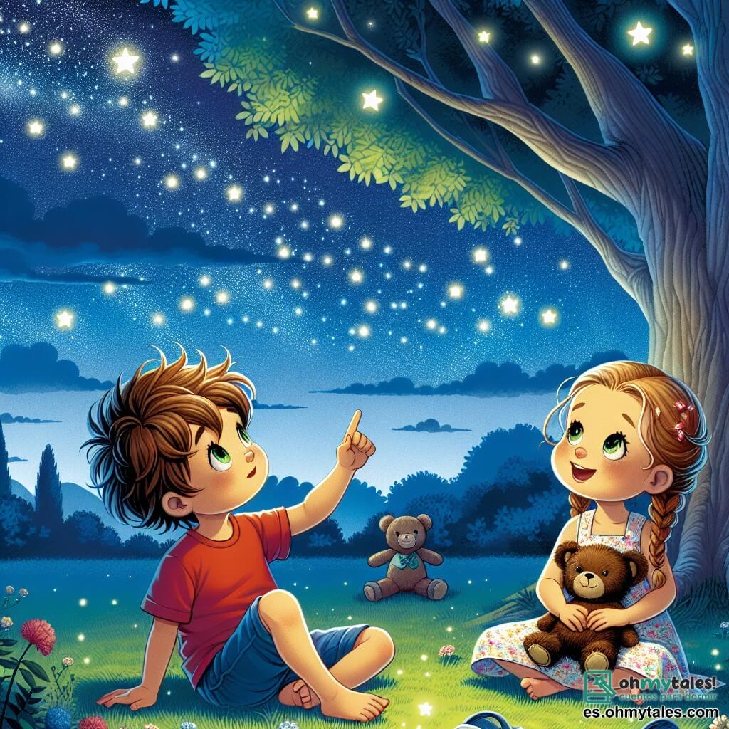 Ilustración que representa un parque nocturno. El cielo es de un azul profundo salpicado de estrellas brillantes, mientras que un gran árbol de ramas extendidas se alza a la izquierda, proyectando sombras suaves en el suelo. En el centro, dos niños están sentados sobre la hierba verde. El primer niño es un chico de unos 7 años, con el cabello castaño desordenado y ojos curiosos. Lleva una camiseta roja y un pantalón corto azul. Mira con asombro las estrellas, con una ligera sonrisa en su rostro, mientras sostiene un pequeño peluche en forma de oso en sus brazos. A su lado, una niña de 6 años, con el cabello largo y rubio, trenzado en dos coletas. Lleva un vestido de flores coloridas y sandalias. Señala el cielo con entusiasmo, explicando las estrellas a su amigo, su rostro iluminado por la luz de las estrellas. La escena emana una atmósfera de magia y camaradería, con luciérnagas danzando a su alrededor, añadiendo un toque de luz suave. Al fondo, sombras de formas amigables se dibujan, sugiriendo que la noche no es tan aterradora.