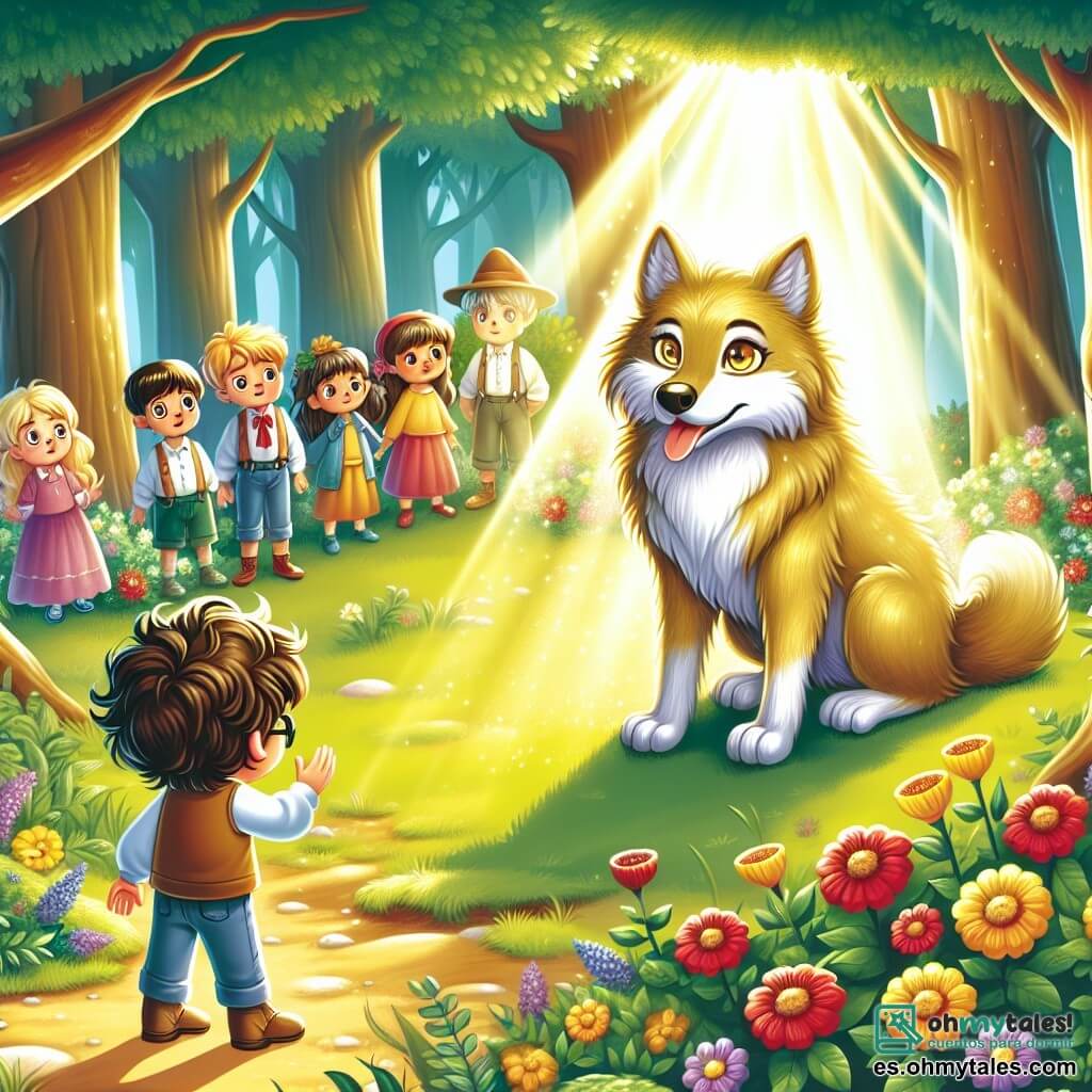 Une illustration sous forme de dessin destinée aux enfants représentant une clairière ensoleillée au cœur d'une forêt enchantée, où un petit garçon aux cheveux bouclés et aux yeux pétillants, vêtu d'une tunique colorée, se tient courageusement devant un loup au pelage doré, qui a l'air triste et perdu, tandis qu'un groupe d'enfants aux expressions curieuses et amicales les observe, tous entourés de fleurs éclatantes et de rayons de lumière filtrant à travers les arbres, capturant ainsi le moment où le petit garçon décide d'aider le loup à retrouver sa précieuse ombre.
