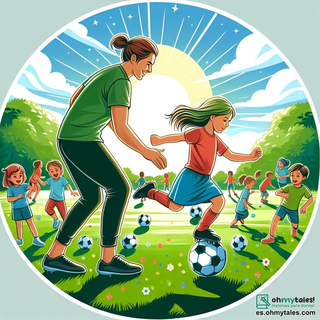 Une illustration destinée aux enfants représentant une jeune fille passionnée de football, s'entraînant avec son père comme coach, sous le soleil éclatant d'un terrain de jeu verdoyant et animé par des enfants qui jouent joyeusement autour d'eux.