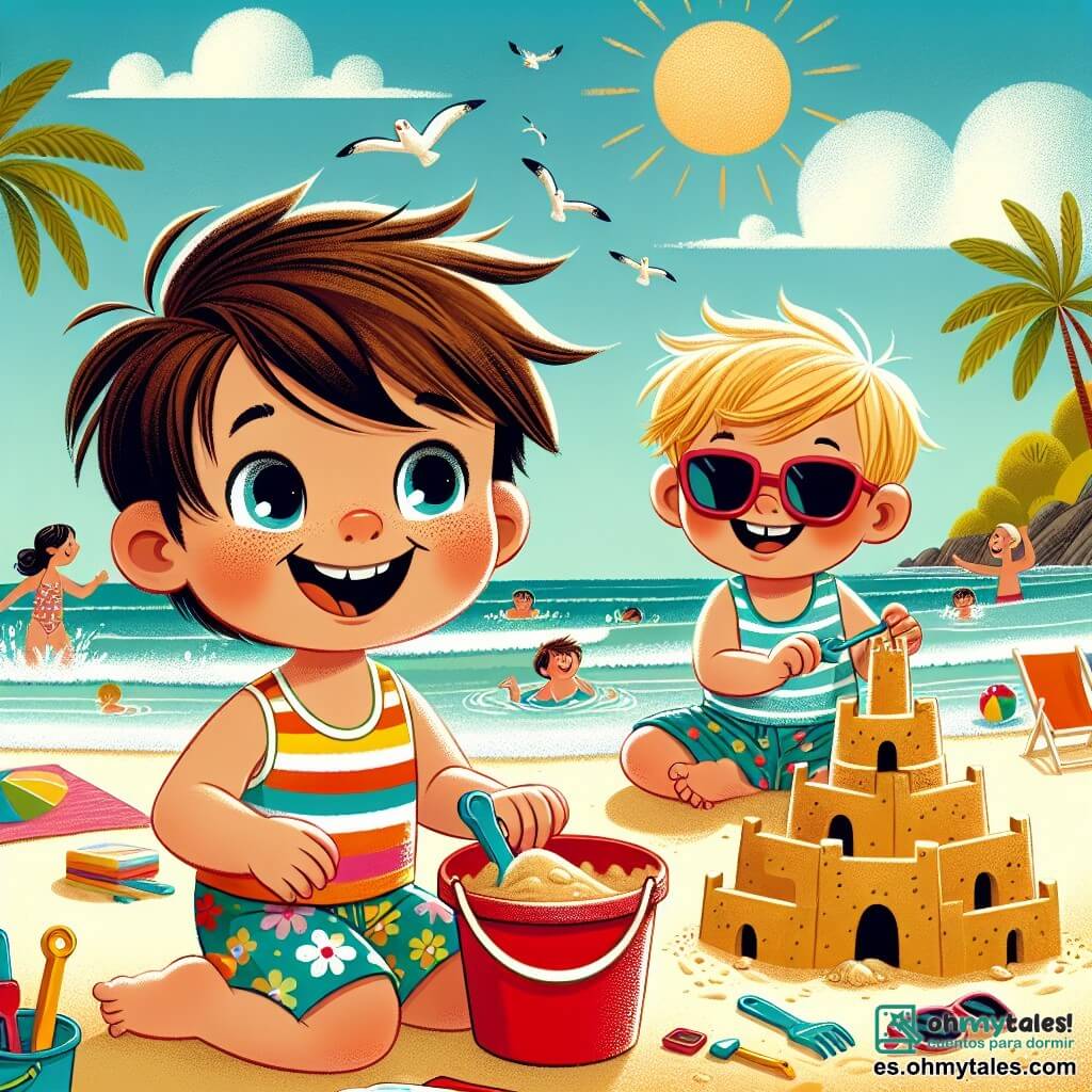 Ilustración que representa una playa soleada con suaves olas y arena dorada. En primer plano, un niño de 2 años, con cabello castaño desordenado y ojos brillantes, está sentado en la arena, sonriendo alegremente. Lleva un traje de baño colorido y sostiene un balde rojo lleno de arena. Junto a él, otro niño de aproximadamente 2 años, con cabello rubio y gafas de sol, construye un castillo de arena, concentrado y riendo. Al fondo, se pueden ver palmeras balanceándose suavemente al viento y familias jugando en el agua. El cielo es azul con algunas nubes blancas, y gaviotas vuelan por encima. La atmósfera es alegre y veraniega, llena de risas y descubrimientos.
