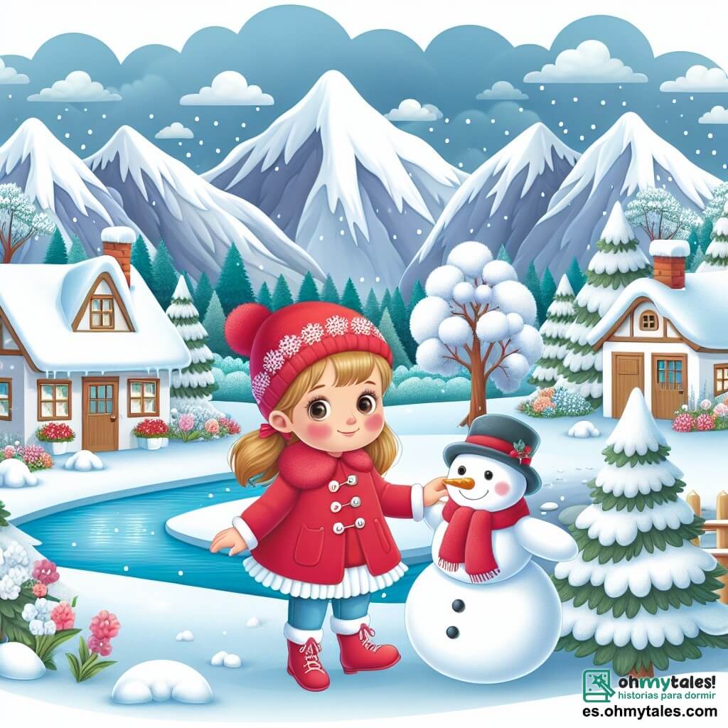 Une illustration destinée aux enfants représentant une petite fille aux joues roses, vêtue d'un abrigo rouge vif, qui explore un paisible village d'hiver entouré de majestueuses montagnes enneigées, accompagnée de son fidèle ami, un joyeux bonhomme de neige.