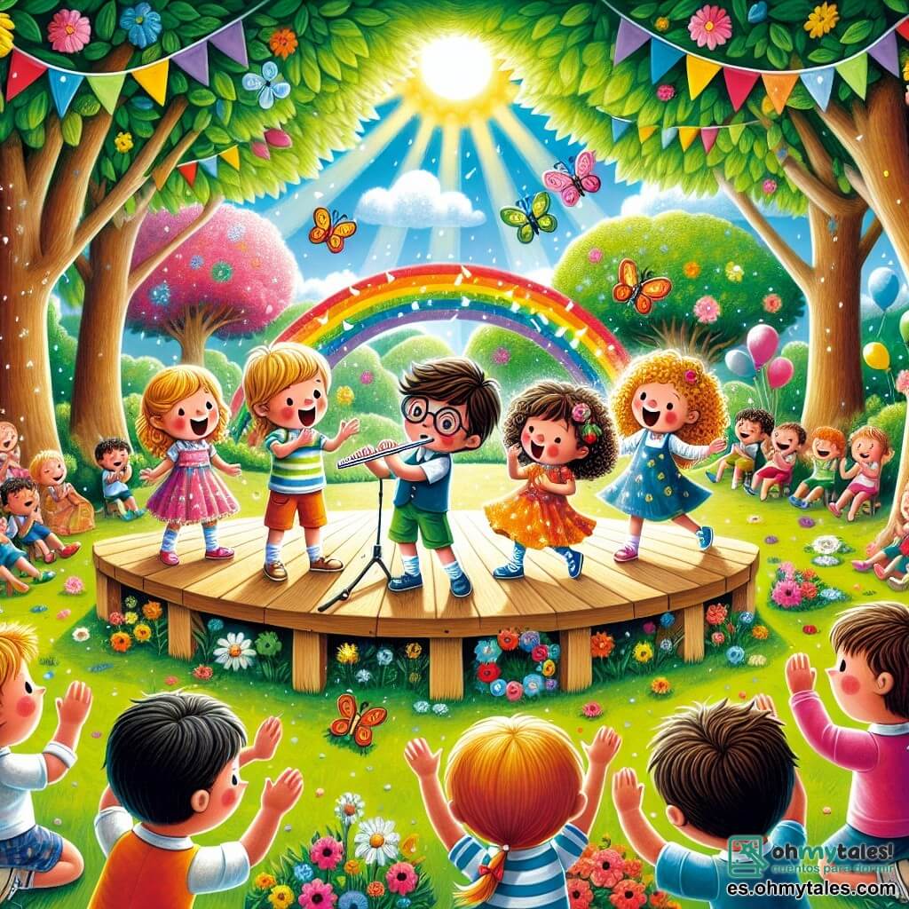 Ilustración que representa una escena vibrante en un parque soleado, lleno de árboles con hojas verdes brillantes y flores coloridas. En el centro, un grupo de cuatro niños está en un pequeño escenario de madera, rodeado de espectadores entusiastas. Un niño de unos 10 años, con cabello castaño y gafas, toca la flauta con pasión, sus ojos brillando de concentración. A su lado, una niña de 9 años, con cabello rubio y rizado, baila con gracia, sus brazos levantados como alas de mariposa. Otro niño, de 10 años, con cabello negro y una sonrisa traviesa, cuenta una historia, gesticulando con entusiasmo para cautivar a su público. Finalmente, una niña de 8 años, con cabello castaño y un vestido colorido, sostiene un gran dibujo de un arcoíris, mostrando una sonrisa orgullosa. La escena irradia alegría y confianza, con niños aplaudiendo y riendo a su alrededor. Globos coloridos flotan en el cielo azul, y los rayos del sol iluminan los rostros felices de los niños. Esta ilustración captura la esencia de la confianza en uno mismo y la amistad, mostrando que cada uno tiene un talento único que compartir.