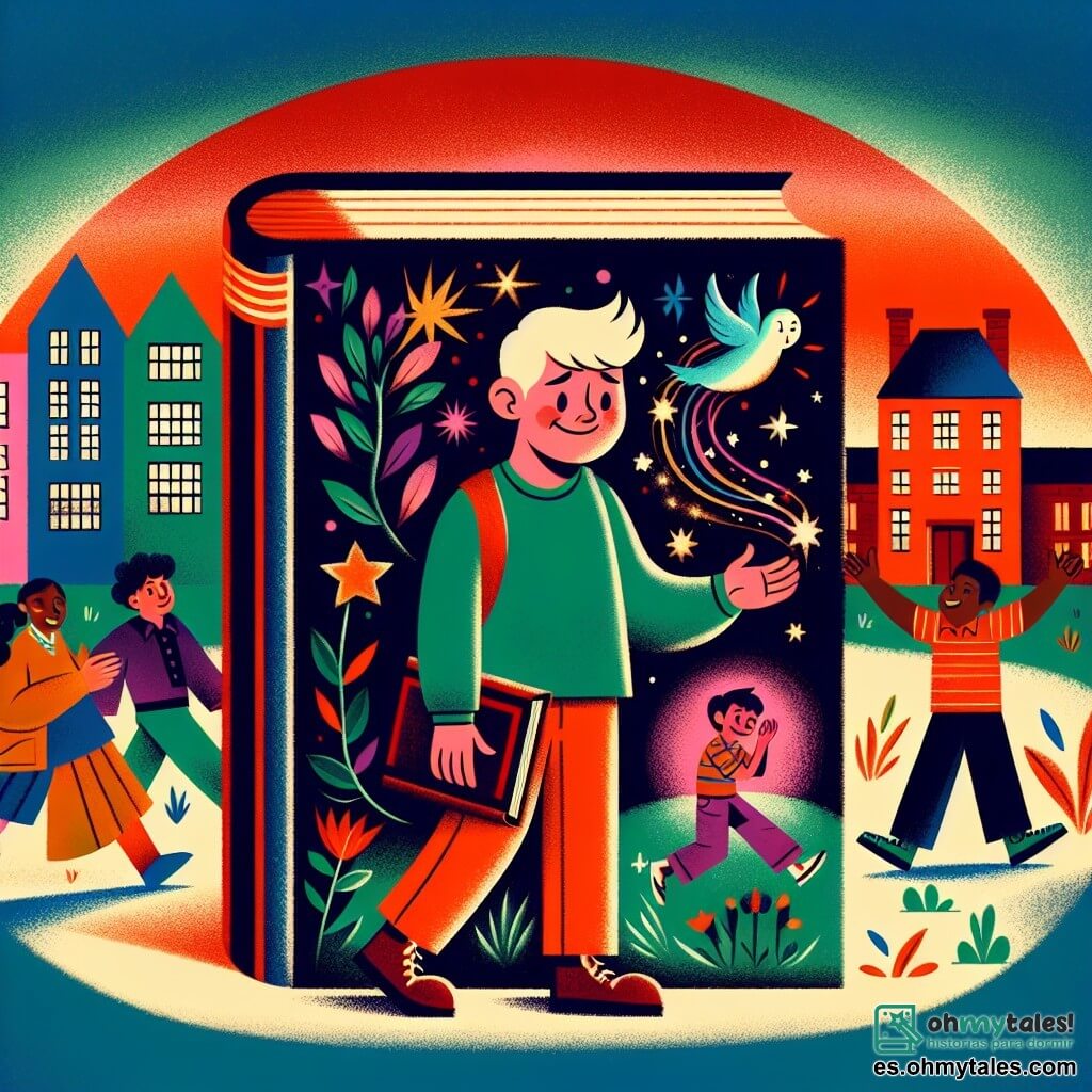 Une illustration destinée aux enfants représentant un jeune garçon, triste et seul, confronté au harcèlement à l'école, avec pour seul allié un livre magique, dans une cour d'école colorée où les rires et les jeux sont remplacés par des regards méchants et des moqueries.