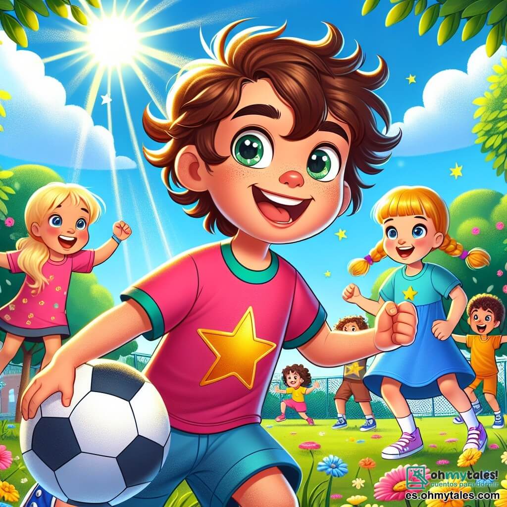 Ilustración que representa un alegre patio escolar soleado, lleno de flores coloridas y árboles verdes. En el centro, un niño de 3 años, con cabello castaño desordenado y ojos brillantes, lleva una camiseta rosa brillante con una estrella dorada. Sonríe ampliamente, sosteniendo una pelota en sus pequeñas manos, listo para jugar. A su lado, dos niñas de 3 años, una con cabello rubio trenzado y un vestido azul, y la otra con cabello castaño rizado y una camiseta amarilla, ríen y lo animan a lanzar la pelota. Juntos, se preparan para jugar a un juego de superhéroes, celebrando la amistad y la igualdad de géneros. En el fondo, niños de diferentes orígenes juegan juntos, ilustrando la diversidad y la inclusividad. Nubes blancas flotan en un cielo azul brillante, añadiendo un toque de magia a esta escena alegre.