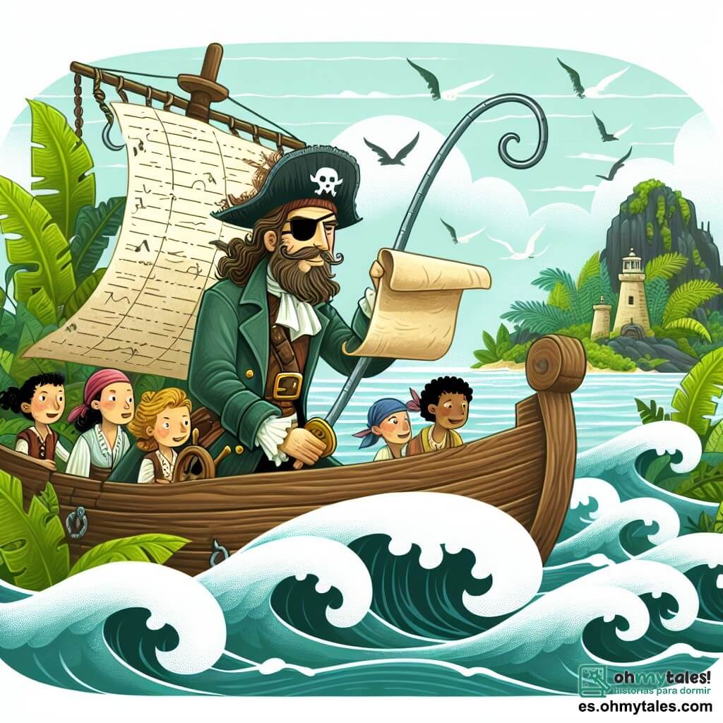 Une illustration destinée aux enfants représentant un homme au parchemin sur l'oeil et au crochet à la main, naviguant sur un bateau en bois avec une équipe de pirates, sur une île mystérieuse couverte de végétation luxuriante et entourée par des vagues tumultueuses.