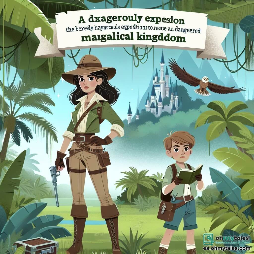 Une illustration destinée aux enfants représentant une exploratrice courageuse, vêtue d'une tenue d'aventurière, se tenant debout au bord d'une dense et mystérieuse forêt tropicale, accompagnée d'un jeune garçon expert en nature, alors qu'ils se préparent à entreprendre une périlleuse expédition pour sauver un royaume magique en danger.