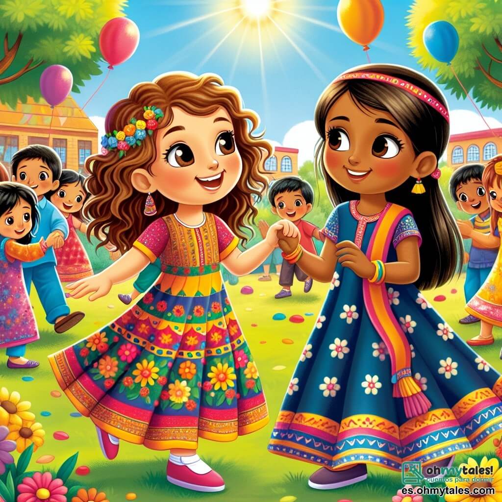 Ilustración que representa una escena vibrante en un patio escolar soleado, rodeado de árboles de hojas verdes brillantes y flores coloridas. En el centro, una niña de 7 años, con cabello rizado castaño y ojos brillantes, lleva un vestido de colores. Ella sonríe alegremente mientras extiende la mano hacia una nueva compañera. A su lado, otra niña de 7 años, con piel marrón y cabello largo y liso, viste una prenda tradicional colorida. Tiene una mirada tímida pero feliz, y observa a la niña con admiración. En el fondo, varios niños de diferentes orígenes étnicos, algunos con piel clara y otros con piel más oscura, juegan juntos, riendo y compartiendo juegos. La situación principal muestra la importancia de la amistad y la tolerancia, mientras las dos niñas se toman de la mano, simbolizando la unidad y la aceptación. Globos coloridos flotan en el aire, añadiendo un toque festivo a la ilustración, mientras un sol radiante brilla arriba, representando la calidez de la amistad.