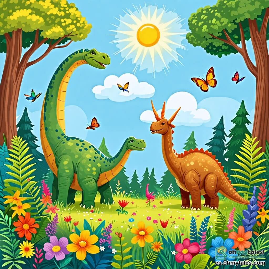 Une illustration sous forme de dessin destinée aux enfants représentant une vaste forêt préhistorique avec des arbres géants et des fougères luxuriantes, où un diplodocus au long cou et à la peau verte brillante s'étire pour toucher les nuages, tandis qu'un petit triceratops aux trois cornes et à la peau marron joue joyeusement dans un champ de fleurs colorées, capturant l'instant où ils s'amusent ensemble sous le soleil éclatant, entourés de papillons et d'oiseaux colorés.
