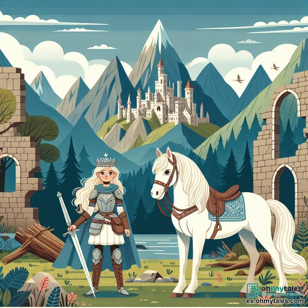 Une illustration destinée aux enfants représentant une chevalière courageuse se tenant devant un ancien château en ruines, accompagnée de son fidèle corcel blanc, Luna Plateada, dans un royaume enchanté aux montagnes escarpées et aux forêts mystérieuses.