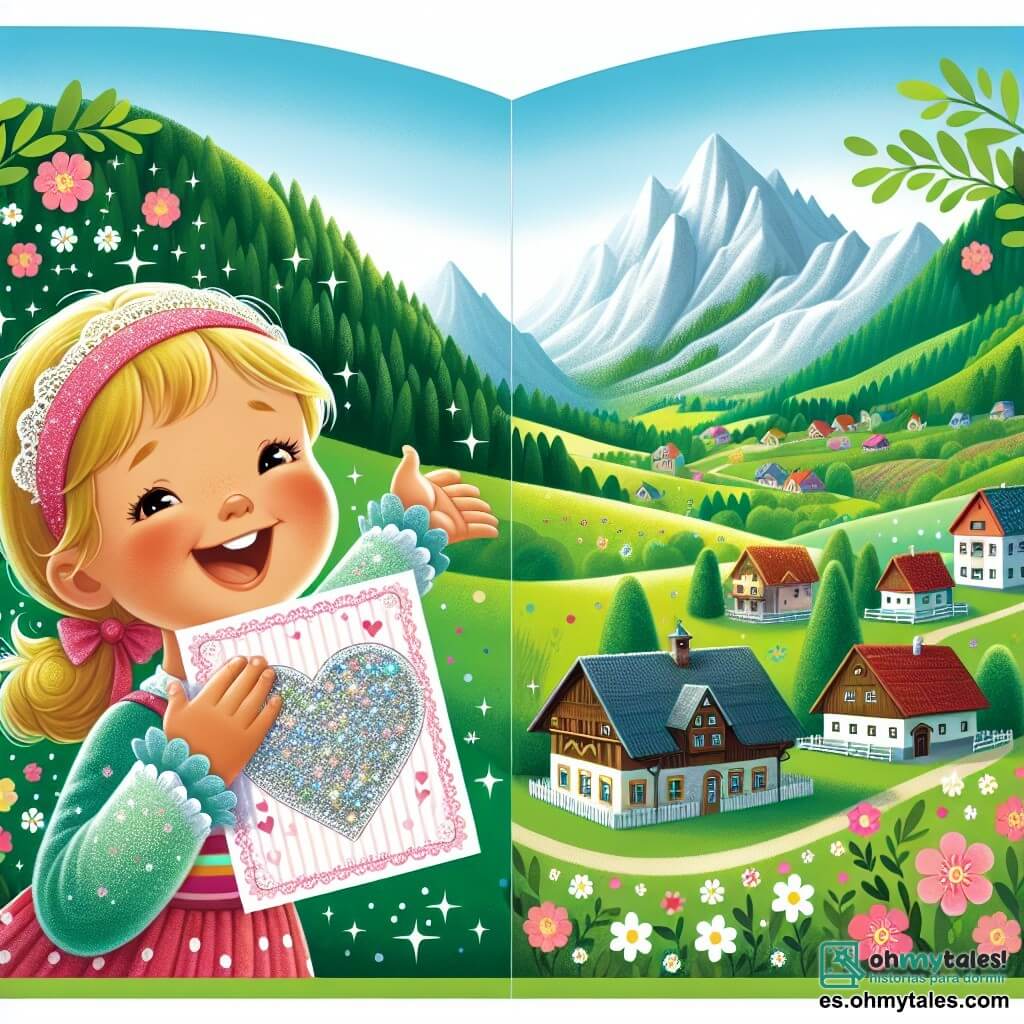Une illustration destinée aux enfants représentant une petite fille pleine de joie offrant une magnifique carte brillante à sa maman, entourées de montagnes verdoyantes et de champs fleuris dans un village pittoresque.