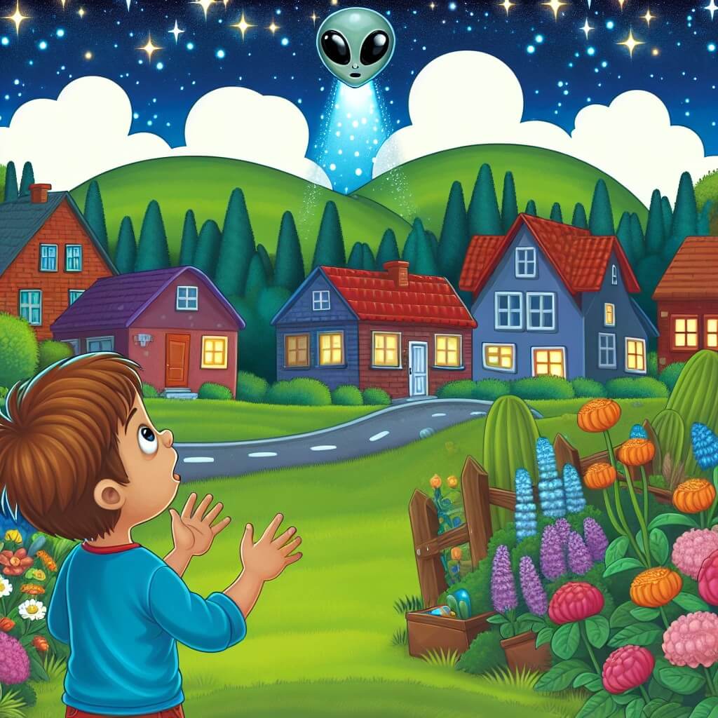 Une illustration destinée aux enfants représentant un jeune garçon émerveillé par une rencontre avec des extraterrestres dans un village paisible, entouré de maisons colorées et de jardins fleuris, sous un ciel étoilé scintillant.