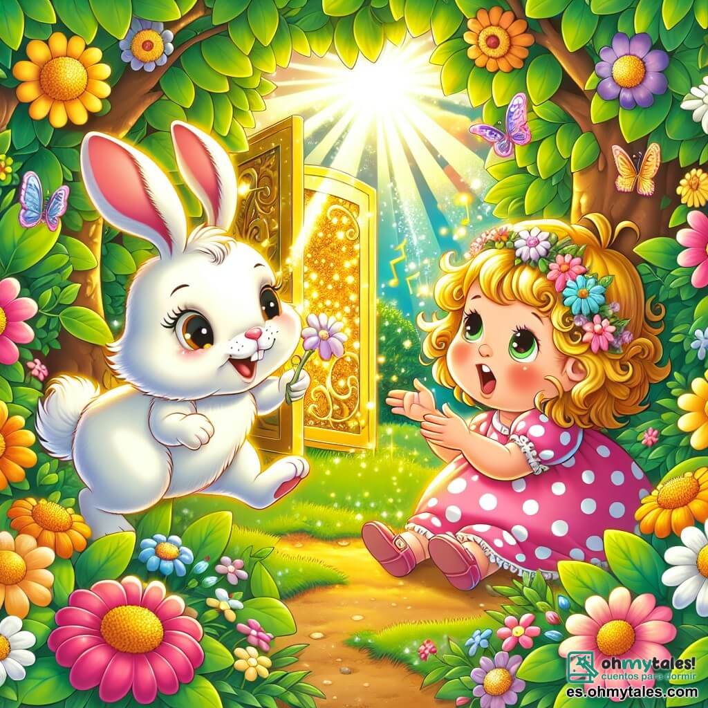 Ilustración que representa un jardín soleado, lleno de flores coloridas con pétalos brillantes, grandes árboles con hojas verdes y una pequeña puerta dorada brillante escondida entre los arbustos. En el centro, una niña de 1 año, con cabello rizado y rubio, vestida con un vestido rosa con lunares blancos, está agachada, asombrada, tocando una flor cantarina que parece bailar a su alrededor. A su lado, un adorable conejito blanco de grandes orejas, con ojos brillantes, salta alegremente, listo para jugar. La escena irradia una atmósfera mágica y alegre, con rayos de sol filtrándose a través de las hojas, iluminando el rostro curioso de la niña y el pelaje del conejo. Mariposas coloridas vuelan a su alrededor, añadiendo un toque de fantasía a esta aventura encantada.