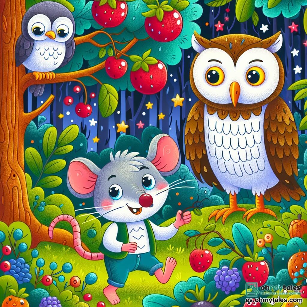 Une illustration destinée aux enfants représentant un malicieux rat garçon, un búho malhumorado, et un arbre luxuriant rempli de délicieuses bayas, dans un bois enchanté aux couleurs vives et chatoyantes.