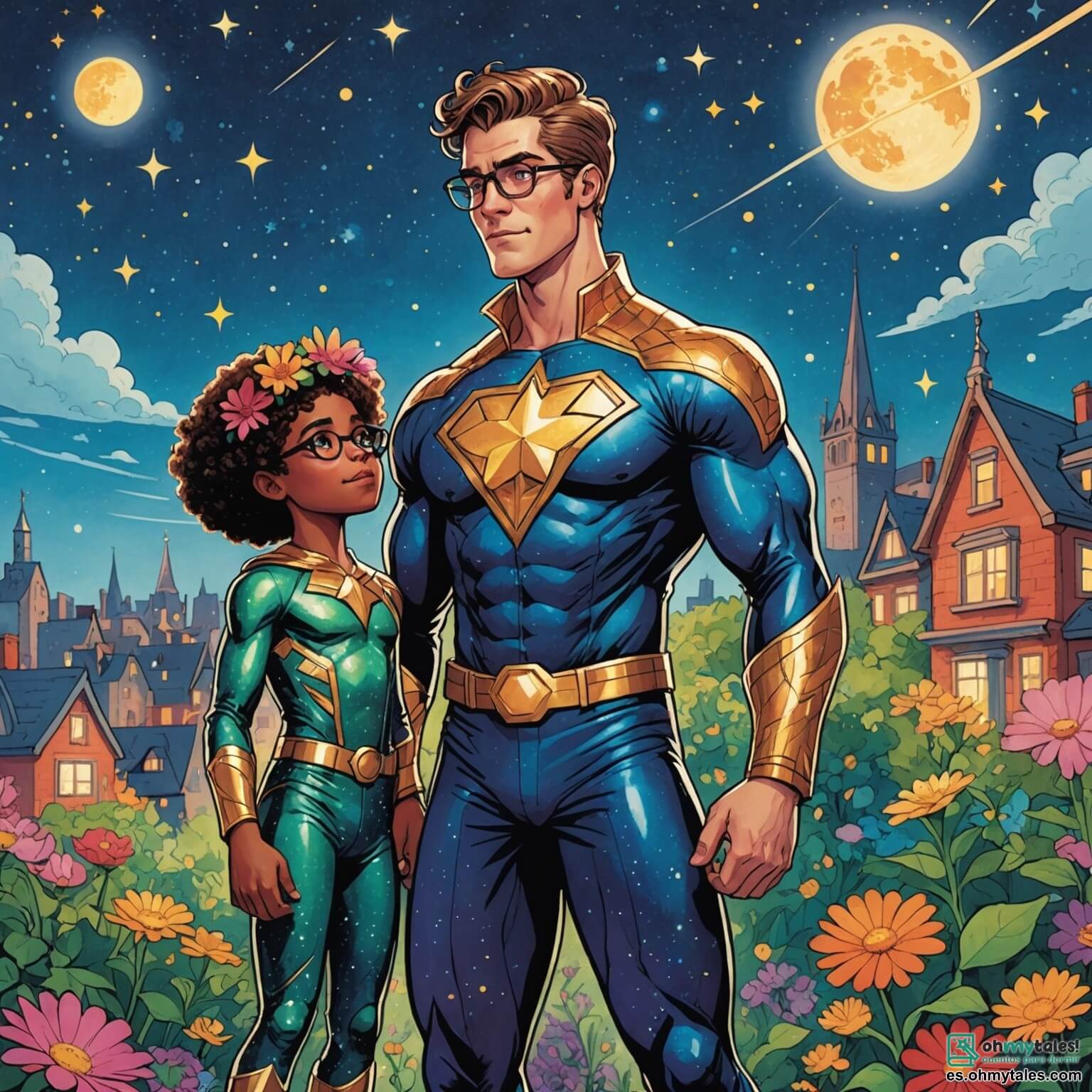 Une illustration destinée aux enfants représentant un homme grand et musclé, vêtu d'un costume scintillant aux couleurs changeantes, flottant majestueusement dans un ciel étoilé au-dessus de la ville lumineuse de Lumina, où les maisons aux teintes vives et les jardins fleuris s'étendent à perte de vue, tandis qu'une petite fille aux yeux pétillants et au chapeau de fleurs, ainsi qu'un garçon espiègle portant des lunettes, l'observent avec admiration, alors qu'ils se préparent à affronter un vilain nuage menaçant qui veut voler la lumière des étoiles.