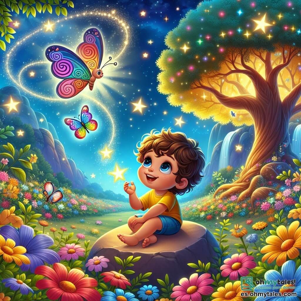 Ilustración que representa un magnífico paisaje del Valle de los Sueños, un lugar mágico donde flores coloridas con pétalos brillantes bailan al viento bajo un cielo estrellado. En el centro de esta escena, un niño de 3 años, con cabello rizado y ojos chispeantes de curiosidad, está sentado sobre una gran roca en forma de corazón. Lleva una camiseta amarilla y un short azul, y mira maravillado una estrella centelleante que brilla intensamente sobre él. A su lado, una mariposa de alas multicolores, con patrones en espiral, vuela alegremente a su alrededor, como si compartiera un secreto. Más lejos, un árbol majestuoso con hojas doradas llora lágrimas de alegría, sus ramas se extienden como brazos acogedores. La situación principal muestra al niño haciendo una pregunta a la mariposa, con una gran sonrisa en el rostro, mientras que el árbol parece escuchar atentamente. Estrellas brillan en el cielo, iluminando el paisaje de cuento de hadas, mientras que una suave luz emana de la roca en forma de corazón, simbolizando la búsqueda de la verdad y la alegría.