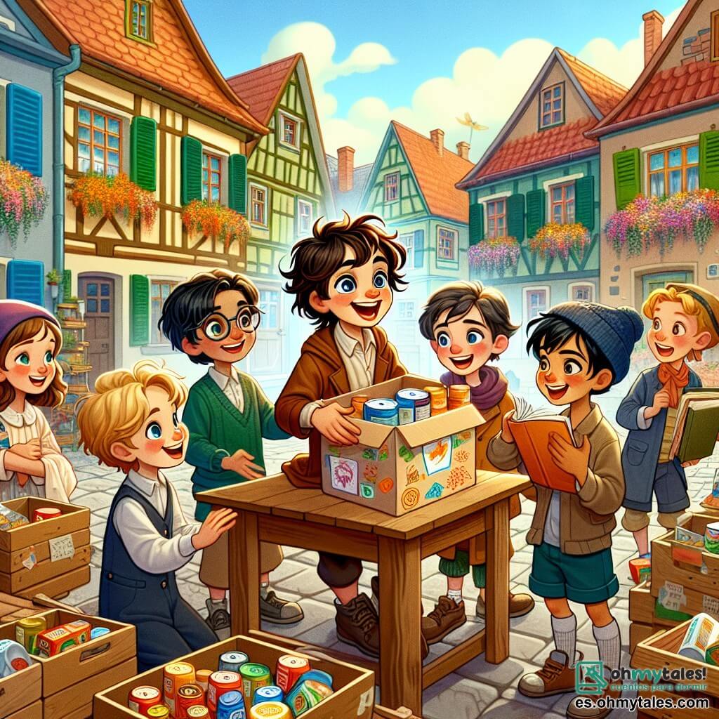 Ilustración que representa una escena animada en una encantadora plaza de un pueblo, rodeada de casas coloridas con contraventanas de madera y flores brillantes en jardineras. En el centro, un grupo de niños está reunido alrededor de una gran mesa de madera, cubierta de bolsas de comida y cajas. Hay un niño de 11 años, con el cabello castaño desordenado y una sonrisa contagiosa, que explica con entusiasmo el proyecto a los demás. A su lado, un niño de cabello rizado y ojos brillantes, también de 11 años, sostiene una caja decorada con dibujos coloridos que anuncia la recolección de alimentos. Otro niño, más tranquilo, con gafas y cabello negro, observa atentamente, un libro en la mano, listo para compartir sus ideas. Finalmente, una niña de 11 años, con cabello largo y mucha energía, ayuda a organizar las bolsas de comida, radiante de alegría. La escena muestra a estos niños unidos en un impulso de solidaridad, sonriendo y trabajando juntos para ayudar a las familias necesitadas. Al fondo, adultos del pueblo, conmovidos por su iniciativa, también traen donaciones, creando una atmósfera de comunidad y apoyo mutuo. Globos de colores flotan en el aire, añadiendo un toque festivo a este hermoso día de compartir y generosidad.
