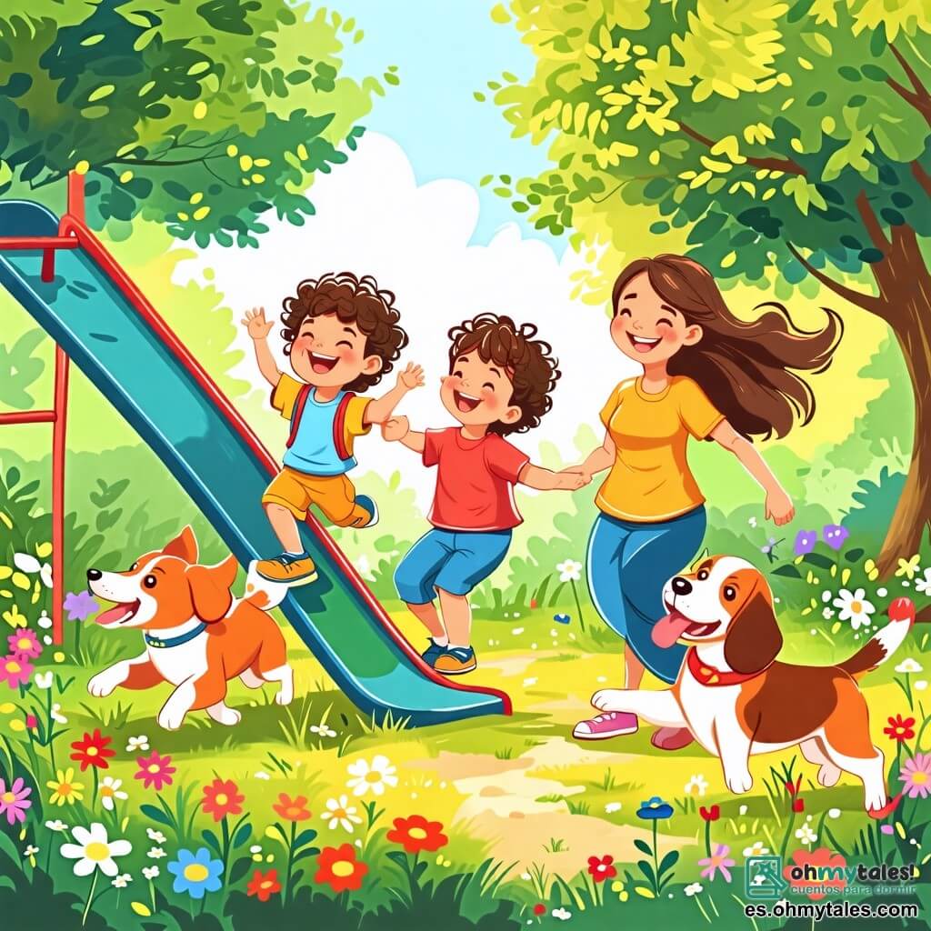 Une illustration sous forme de dessin destinée aux enfants représentant un parc ensoleillé avec des arbres verdoyants et des fleurs colorées, où un petit garçon de 2 ans aux cheveux bouclés et aux yeux pétillants rit en se balançant sur un grand toboggan, tandis qu'une maman souriante aux cheveux longs et bruns le pousse doucement, et un chien joyeux de race beagle court autour d'eux, la langue pendante, dans une ambiance estivale pleine de joie et de rires.