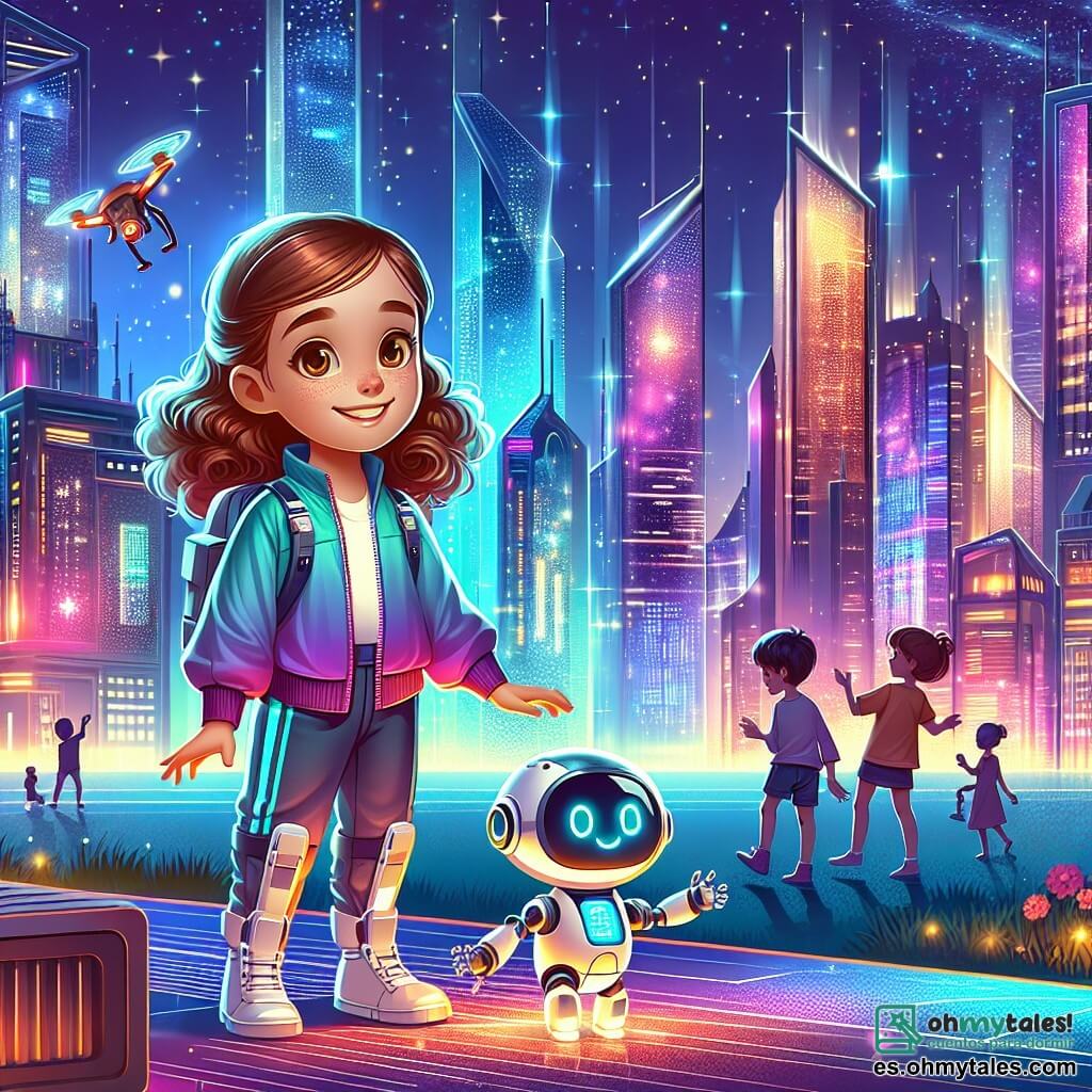 Une illustration sous forme de dessin destinée aux enfants représentant une ville futuriste illuminée par des néons colorés, avec des gratte-ciels en verre scintillant sous un ciel étoilé, au premier plan une fille de 11 ans aux cheveux bouclés et castaños, vêtue d'une combinaison moderne, qui sourit en interagissant avec un petit robot amical à ses côtés, tandis qu'en arrière-plan, des enfants jouent joyeusement avec des drones flottants, illustrant l'harmonie entre la technologie et la vie quotidienne dans cette cité magique.