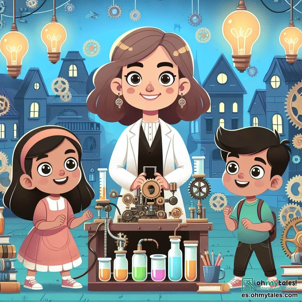 Une illustration destinée aux enfants représentant une inventrice créative, entourée de deux enfants curieux, dans un laboratoire rempli de lumières clignotantes, d'engrenages et de machines étranges, situé dans le pittoresque village de Villa Ingeniosa.