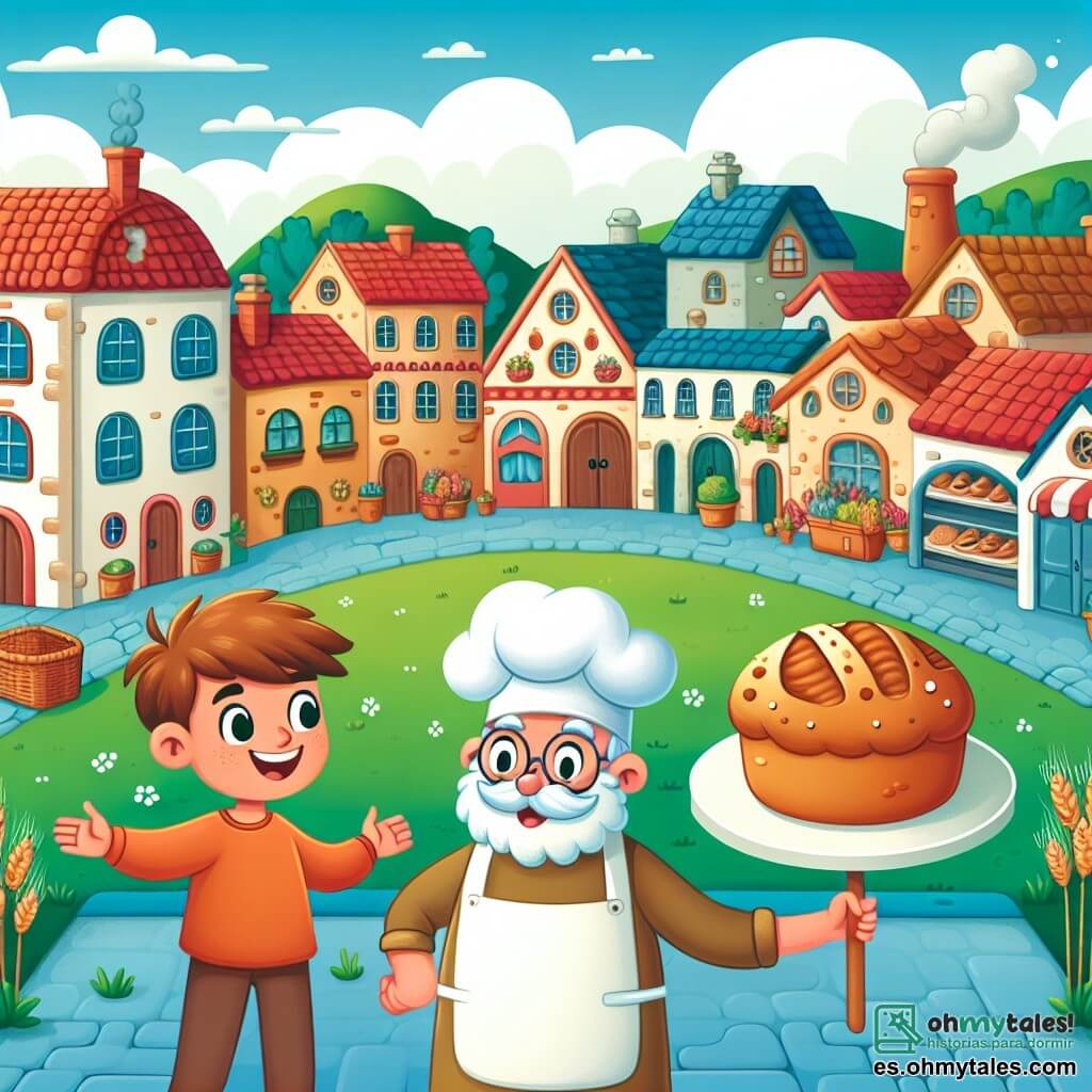 Une illustration destinée aux enfants représentant un boulanger joyeux et amical, confronté à un défi de compétition avec un nouveau panadero ambitieux, dans le charmant village de Villa Pan, entouré de maisons colorées aux toits de tuiles rouges, des rues pavées et des champs verdoyants.