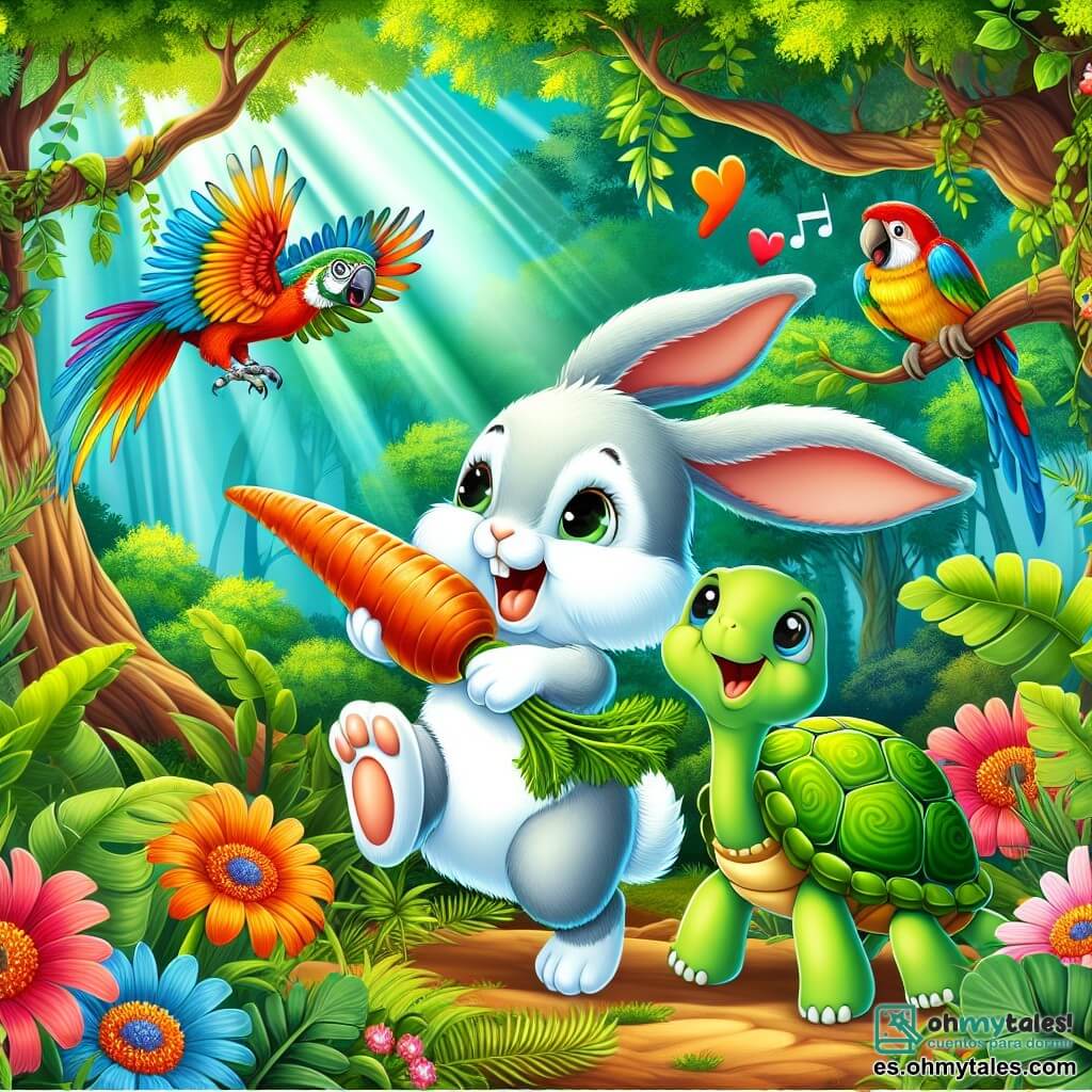 Ilustración que representa una escena alegre en un bosque verde, con grandes árboles de hojas brillantes y flores coloridas que bailan al viento. En el centro, un pequeño conejo de grandes orejas y pelaje suave y blanco, con ojos brillantes de curiosidad, salta alegremente sosteniendo una zanahoria con sus patas delanteras. A su lado, una tortuga de caparazón verde y brillante, con una sonrisa amistosa, avanza lentamente mirando al conejo con admiración. Un loro de plumas brillantes, rojo y azul, se posa en una rama, cantando alegremente. La escena irradia felicidad y amistad, con rayos de sol filtrándose a través de las hojas, iluminando al grupo de amigos que se prepara para compartir un tesoro de frutas y verduras. Notas musicales flotan a su alrededor, simbolizando la canción que cantan juntos, creando un ambiente lúdico y festivo.