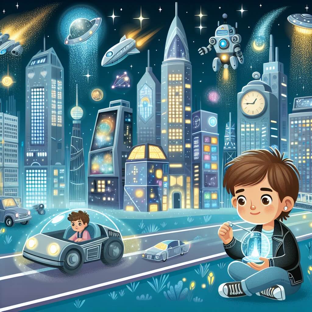 Une illustration destinée aux enfants représentant un jeune garçon curieux et rêveur, vivant dans une ville futuriste remplie de gratte-ciel brillants, de voitures volantes et de robots, et découvrant un mystérieux objet qui l'emmènera dans un voyage temporel à travers le futur de sa ville.