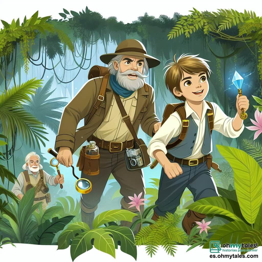 Une illustration destinée aux enfants représentant un jeune explorateur intrépide, accompagné de son fidèle ami, un botaniste passionné, partant à l'aventure à travers une dense jungle tropicale, à la recherche d'une plante magique dans une grotte mystérieuse.