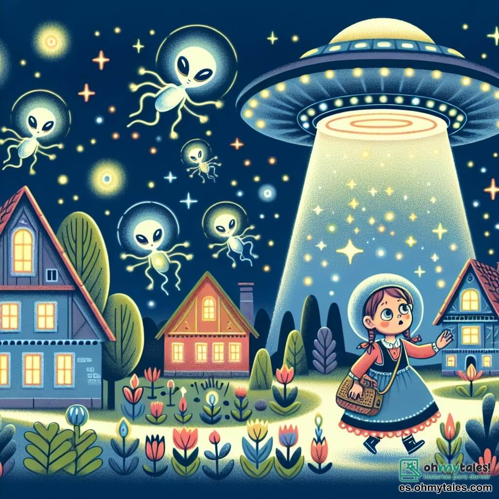 Une illustration destinée aux enfants représentant une fille curieuse explorant une navette spatiale extraterrestre avec des êtres lumineux, dans un village aux maisons colorées et aux arbres enchantés.