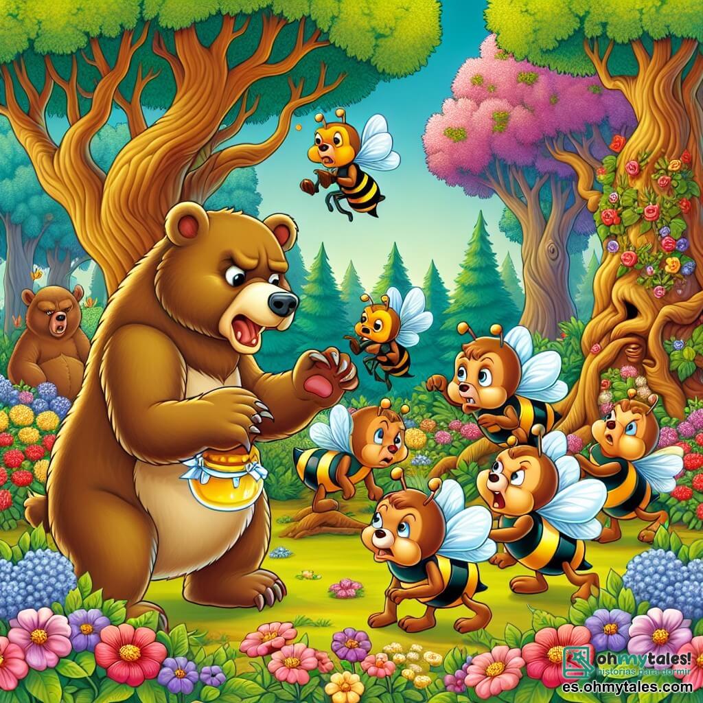 Une illustration destinée aux enfants représentant un ours gourmand de miel, tentant de négocier avec des abeilles en colère, dans un bosque enchanté aux arbres majestueux et aux fleurs multicolores.