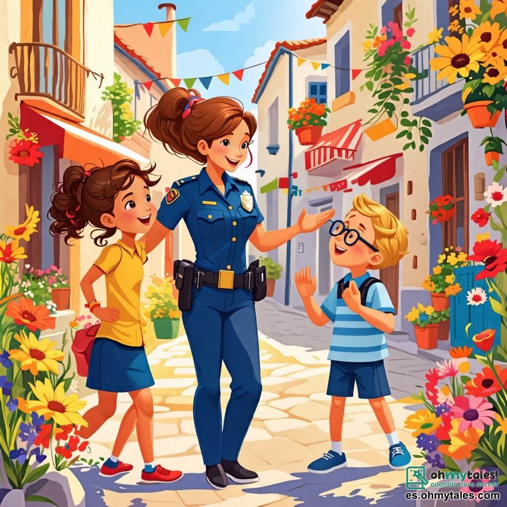 Une illustration sous forme de dessin destinée aux enfants représentant une rue animée d'une petite ville ensoleillée, avec une femme policière souriante portant un uniforme bleu, discutant joyeusement avec une fille aux cheveux bruns et bouclés qui saute d'excitation, tandis qu'un garçon aux lunettes et aux cheveux blonds les écoute attentivement, tous trois entourés de jeux colorés et de fleurs éclatantes, illustrant le moment où la policière explique son rôle de protectrice et d'amie des enfants.